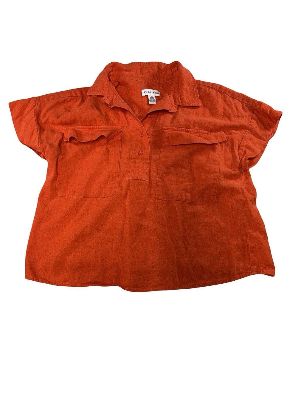 Calvin Klein Women’s Medium Orange Linen Blend Utility Popover Short Sleeve Top